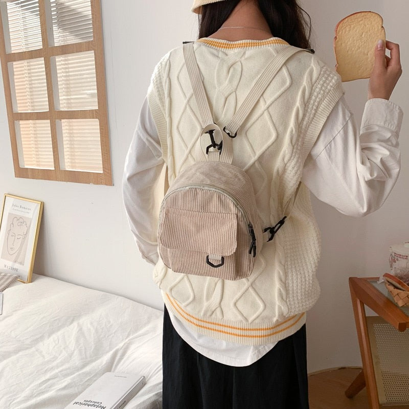 Fashion Women Mini Backpack Solid Color Corduroy Small Backpacks Simple Casual Student Bookbags Traveling Backpacks 2022